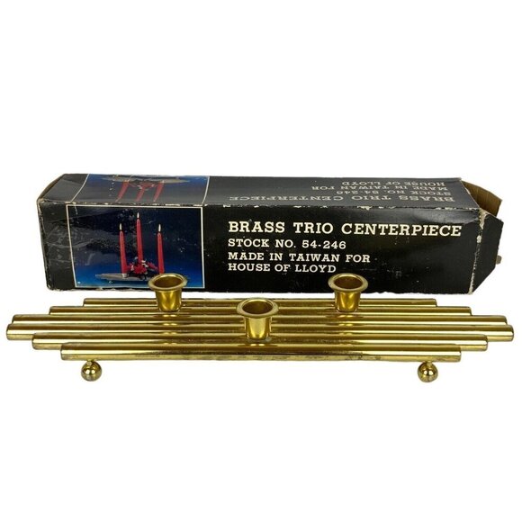 Vintage Brass Trio Centerpiece Slim Taper Candle Holder 1980s House Of Lloyd - Picture 1 of 8